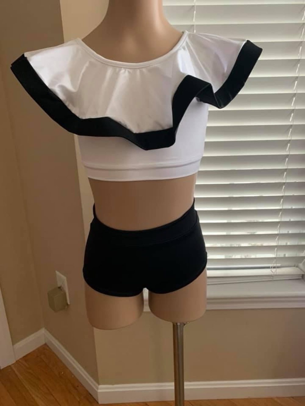 Girls White and Black Ruffle Dance Crop Top & Shorts Set - Kids Costume Dance